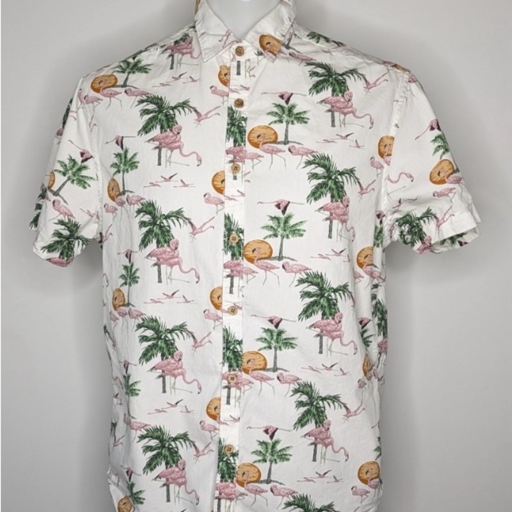 Men’s Short Sleeve Button Up Denim & Flower flamingo Hawaiian style shirt